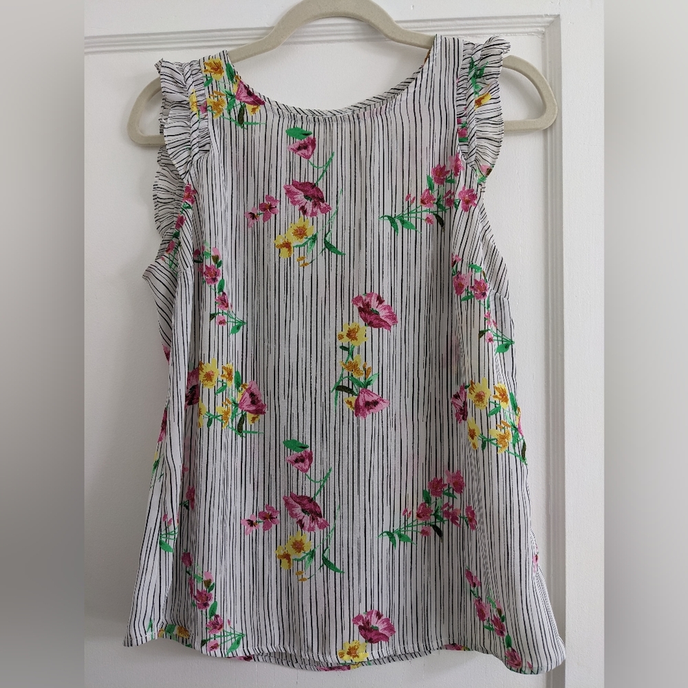 ELLE Ruffle Cap Sleeve Floral Stripe Print Casual Blouse